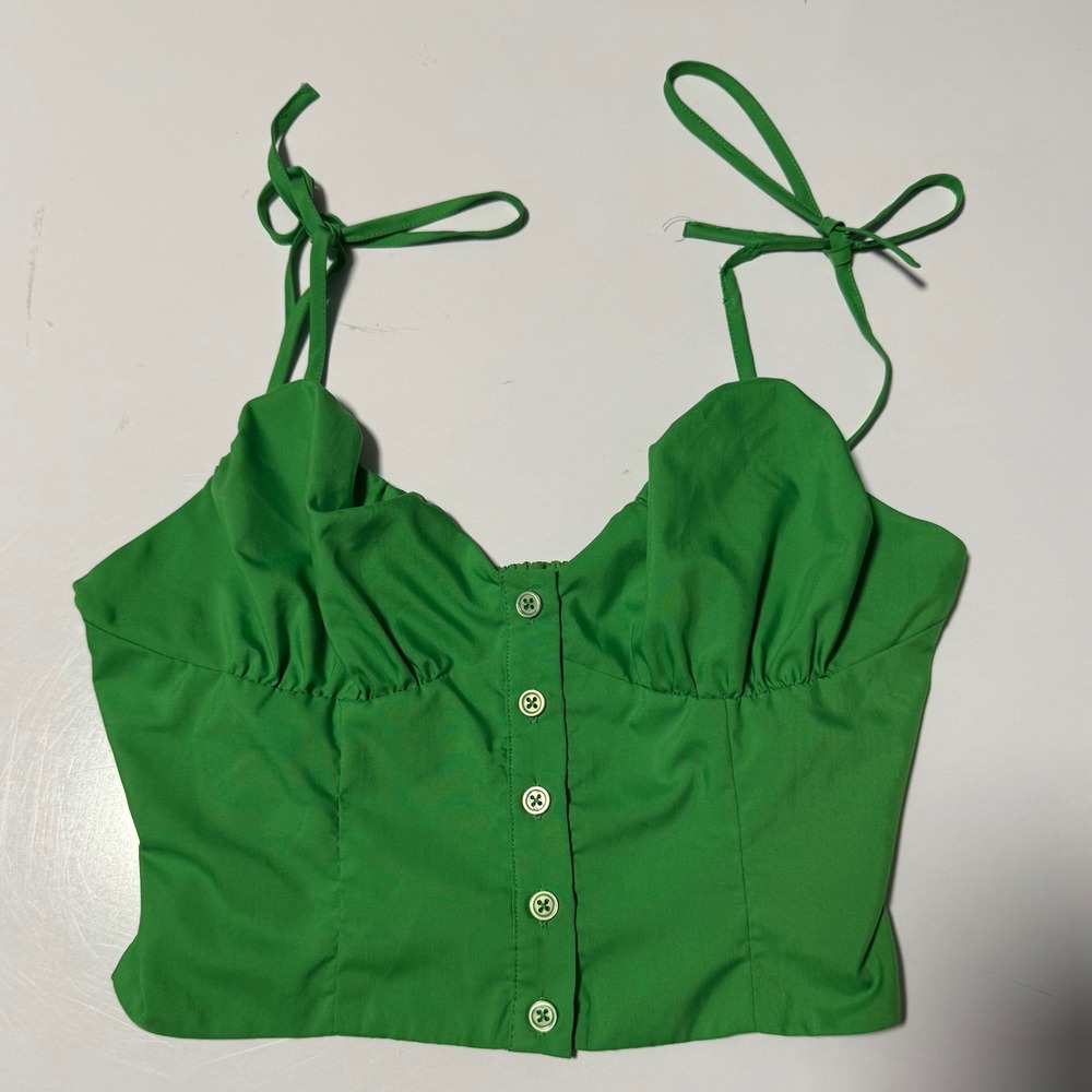 Superdown Green Button Front Tie Strap Smocked Back Cropped Cami TankTop XS